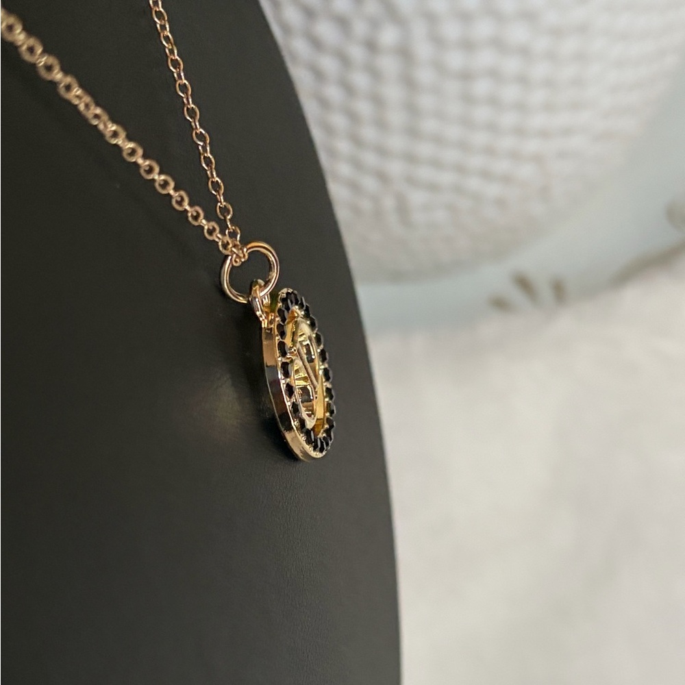 Fashion Goldtone and Black Circular Pendant Necklace 16” - Picture 2 of 3